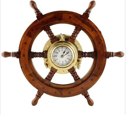 Premium Nautical Decor Ship Wheel | Brass Porthole Clock (18 Inches)