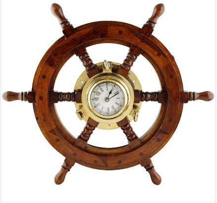 Premium Nautical Decor Ship Wheel | Brass Porthole Clock (18 Inches)