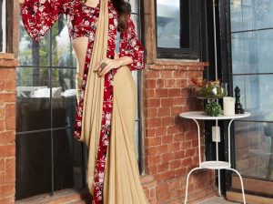 Grab the Latest Beige Color Faux Georgette Saree From Mirraw