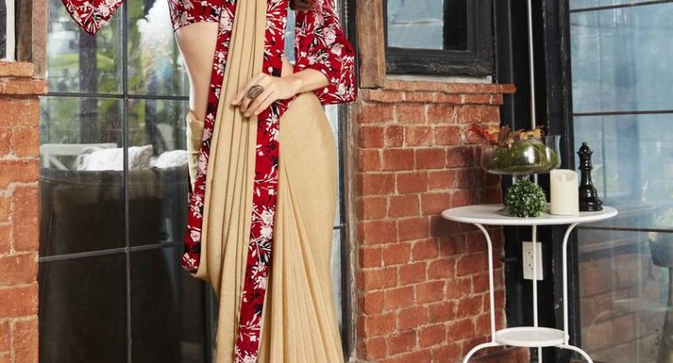 Grab the Latest Beige Color Faux Georgette Saree From Mirraw