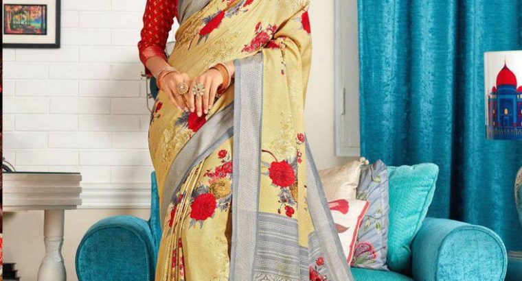 Shop beautiful Light Yellow Jute Saree with blouse from Mirraw