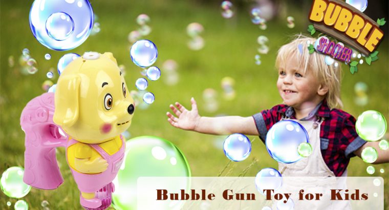 Toysery Dog Shaped Bubble Blower for Kids, Light Up Bubble Blaster Machine Gun with Refill Solution