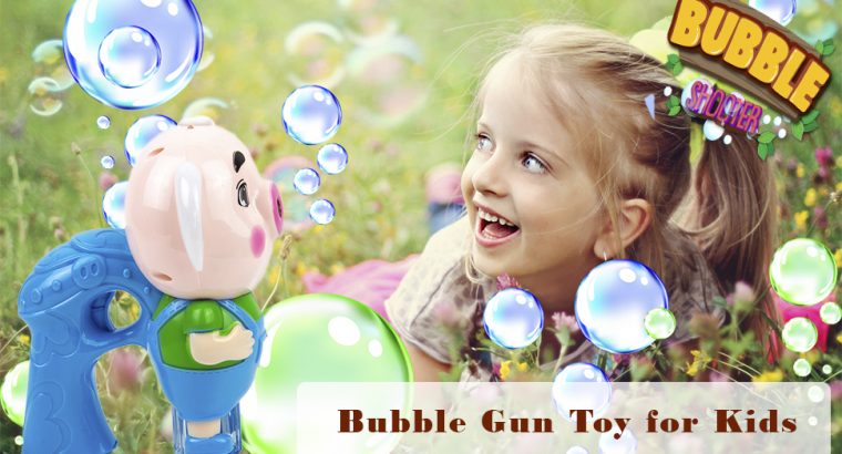 Toysery Blue Pig Bubble Gun Machine for Kids, Non Toxic Toy Blaster with 1 Soap Solution Refill