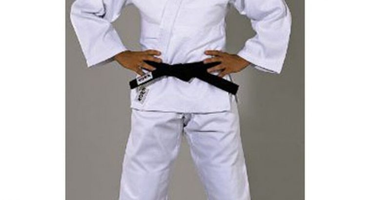 A single weave, medium weight, bleached white Judo uniform of exceptional quality and value.