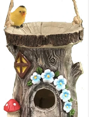 DECORATIVE HAND PAINTED HANGING BIRD HOUSE, WITH BUILT IN BIRD BATH AND INSECT REFRESHMENT STATION