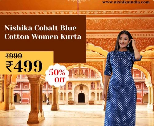 Nishika Cobalt blue Cotton Women Kurta