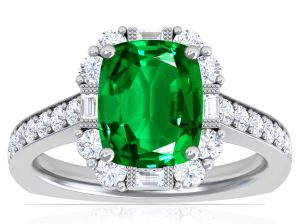 Vintage Four Prong Rectangle Cushion Emerald Halo Ring with Round and Baguette Diamonds