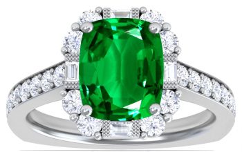 Vintage Four Prong Rectangle Cushion Emerald Halo Ring with Round and Baguette Diamonds