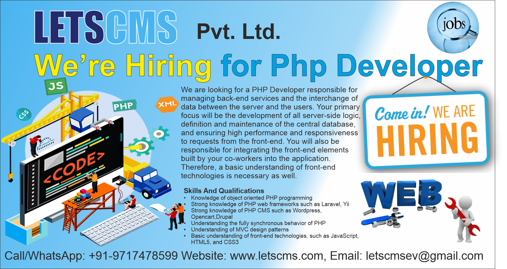 PHP Developer job in Aligarh for Freshers & Experience| Letscms Pvt. Ltd.