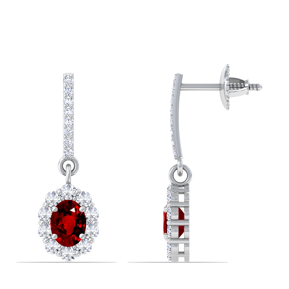 Oval Cut Untreated Ruby with Diamond Halo and Accents Drop Earrings