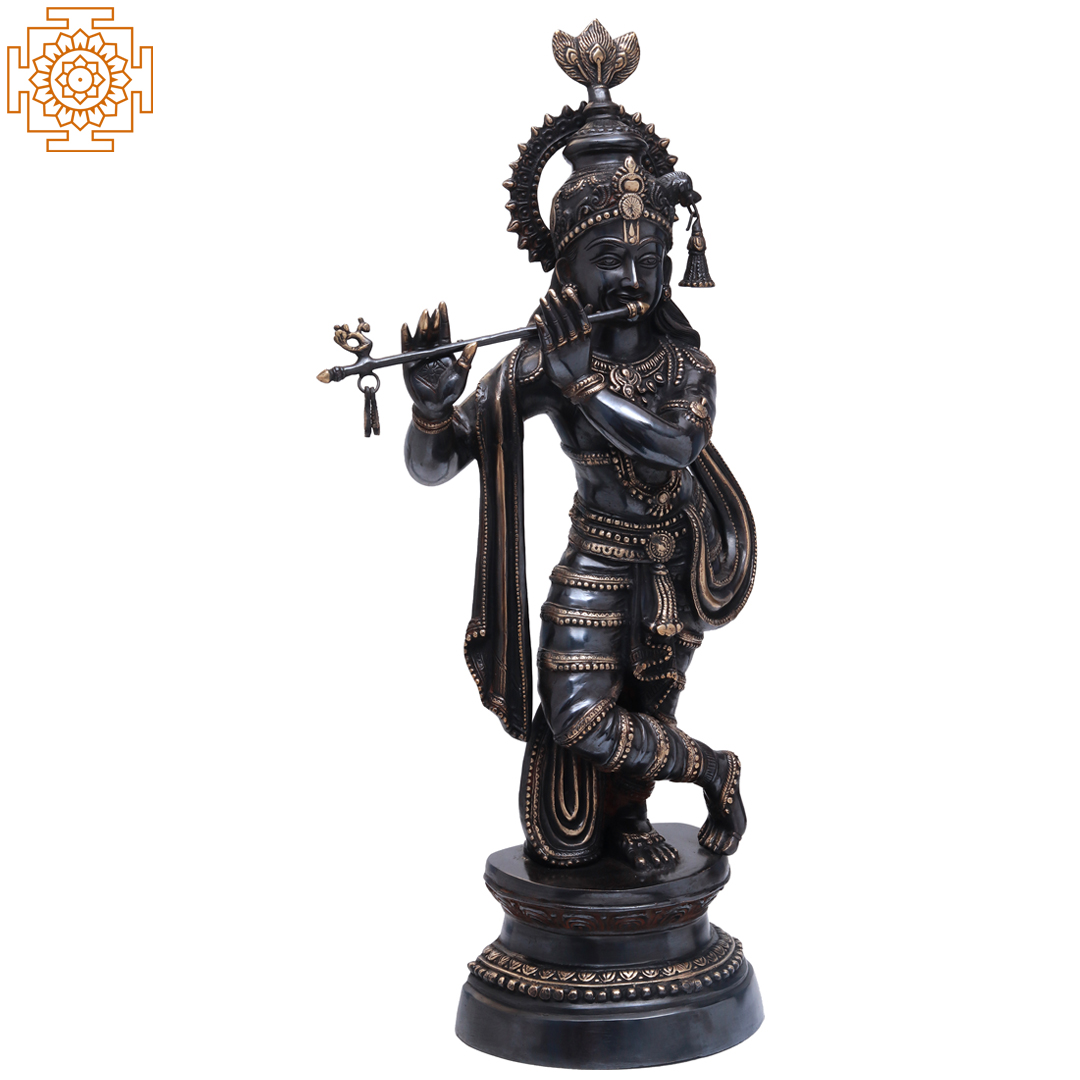 Large Size Lord Krishna Brass Statue Playing Flute