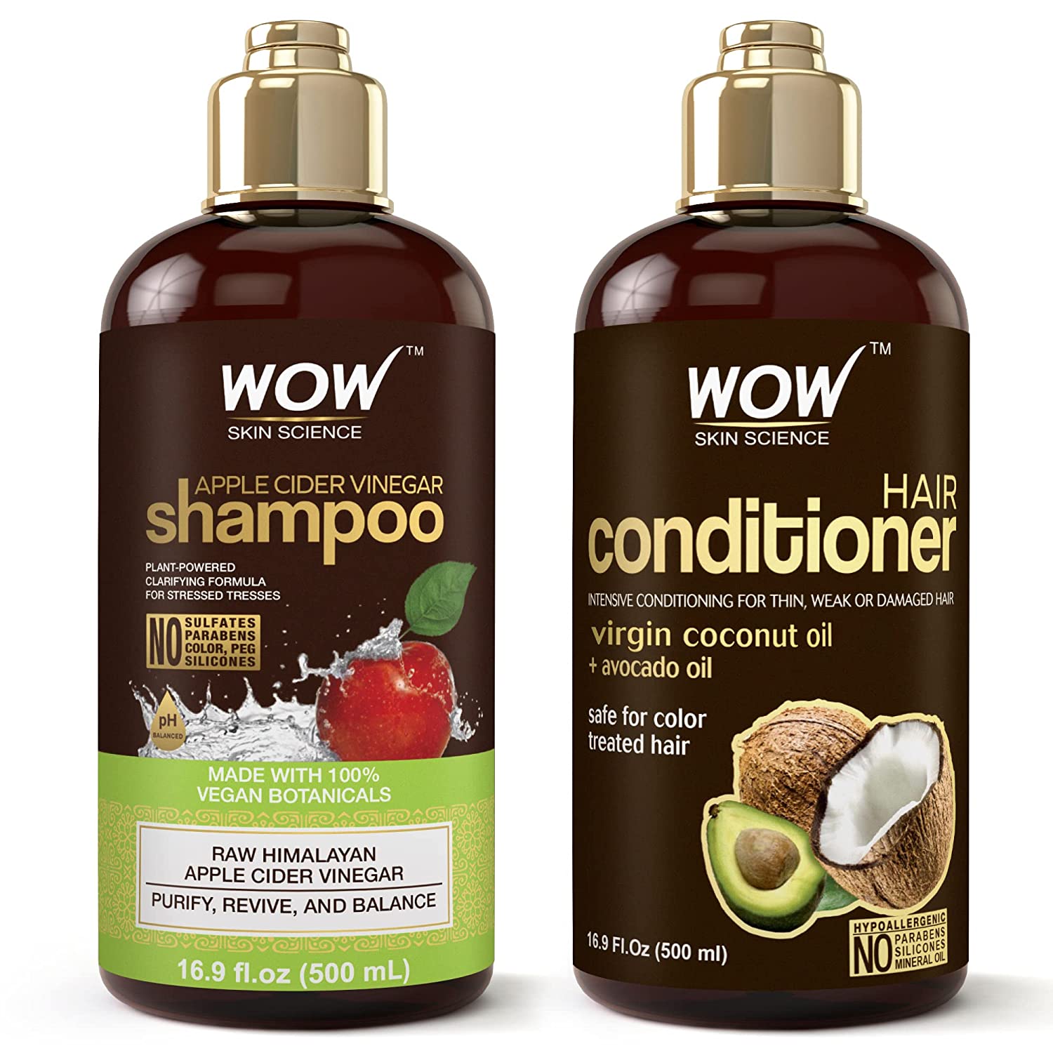 WOW Skin Science Apple Cider Vinegar Shampoo & Conditioner Set – Men and Women Gentle Shampoo & Conditioner Set for Dry
