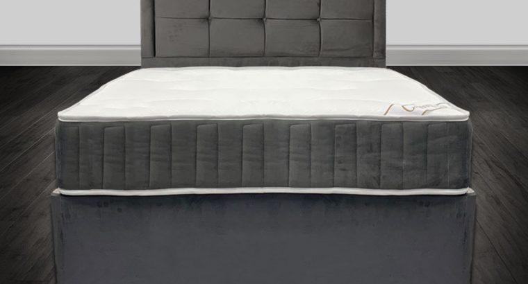 Eden Grey Double Plush Velvet Divan Bed with Super Orthopaedic Mattress and Headboard